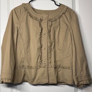 LOFT Khaki Ruffle-Trim Button Jacket